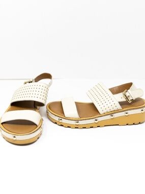See By Chloe Martie Slingback Genuine Leather Studded Wedge Sandals Natural 5